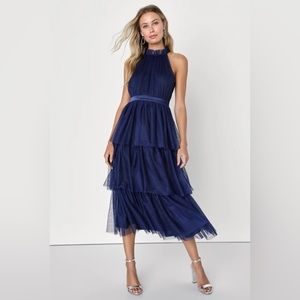 Effortlessly Adorable Navy Blue Tulle Tiered Midi Dress